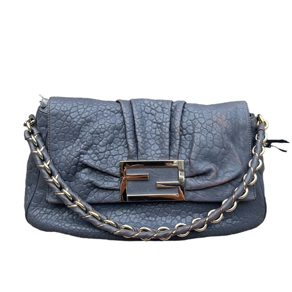 Fendi Handbags - Fendi Baguette Oversized Gray Leather Shoulder Flap Bag FF Logo Gold Hardware